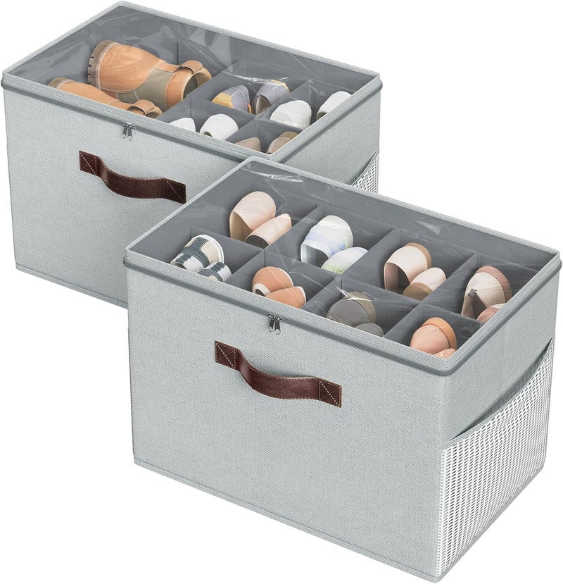 Budding Joy 2 Pack Shoe Organizer for Closet, Clear Foldable Shoe Storage Containers Adjustable Dividers Fits 16 Pairs,Shoe Storage Bins Baskets Boxes with Reinforced Handles Light grey - Image 1